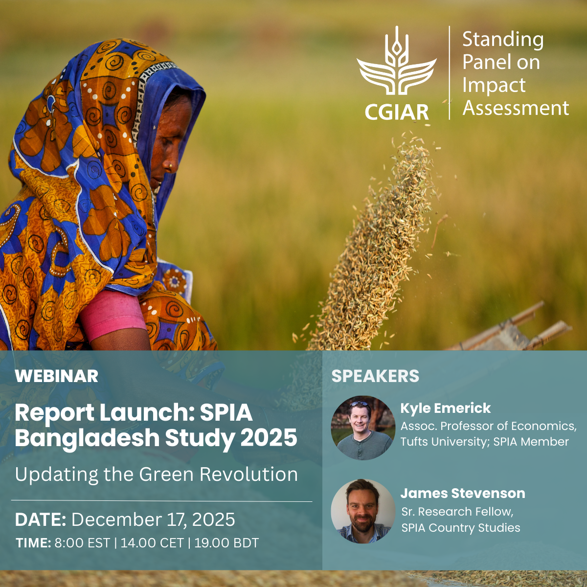 Image displaying a Bangladeshi woman harvesting grains and information about the webinar
