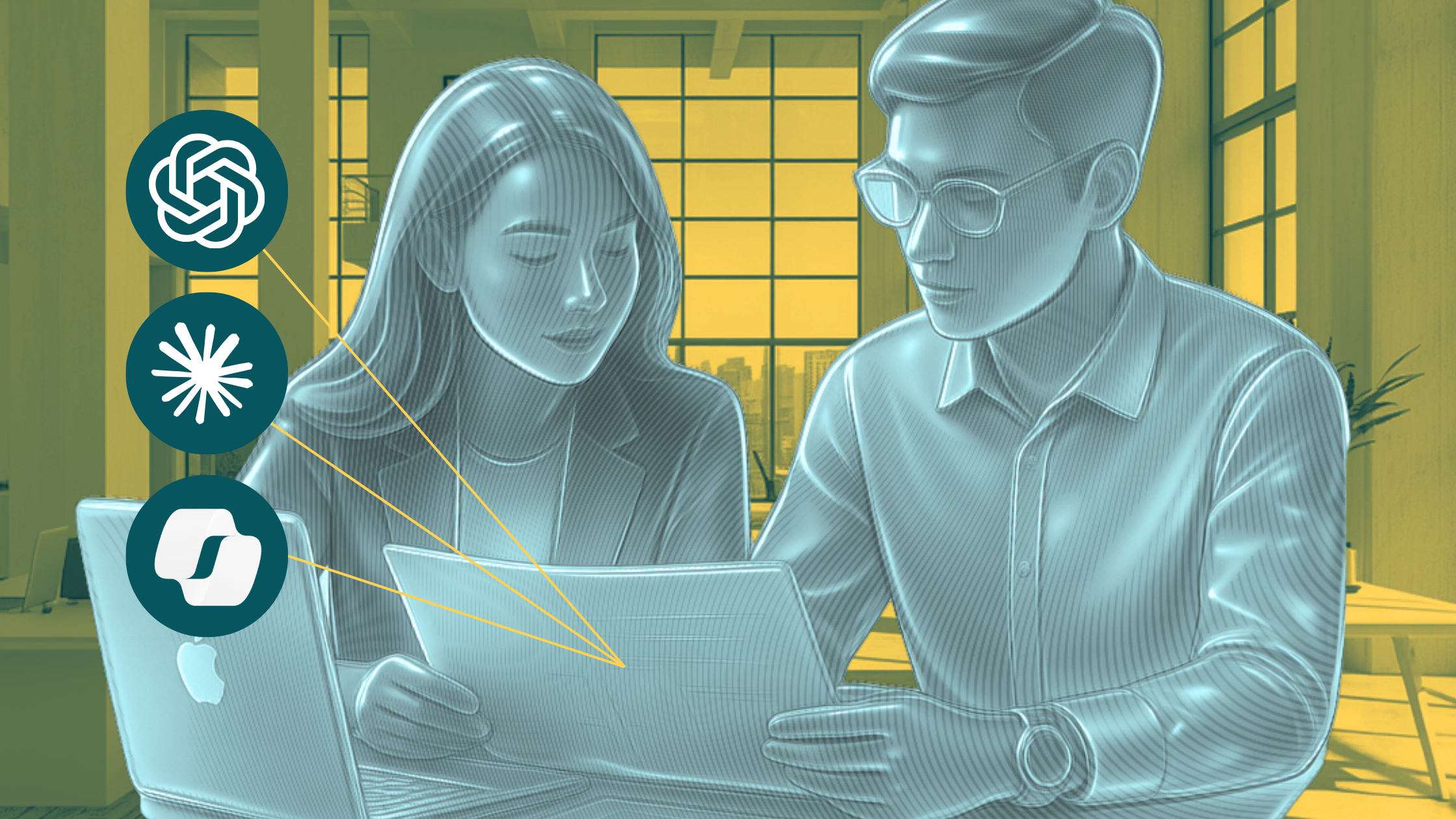 Image of two researchers looking at a paper, surrounded by floating bubbles with logos of different AI LLM tools: Claude, ChatGPT, and Microsoft Copilot