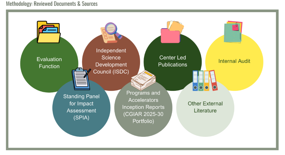 The diagram illustrates a methodology for reviewing various documents, sources, and assessments related to program development, evaluation, and impact, including internal audits and external literature.</p>
<p>AI-generated content may be incorrect.