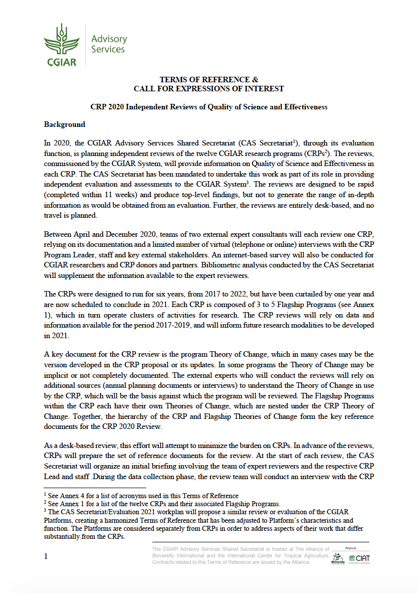 TORs for CRP 2020 Reviews | IAES | CGIAR Independent Advisory and  Evaluation Services