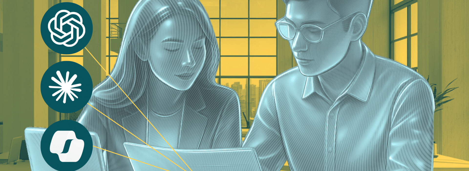Image of two researchers looking at a paper, surrounded by floating bubbles with logos of different AI LLM tools: Claude, ChatGPT, and Microsoft Copilot