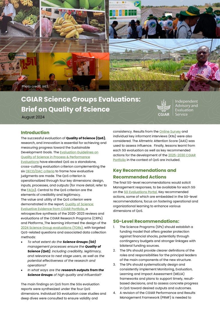 CGIAR Science Groups Evaluations: Brief on Quality of Science