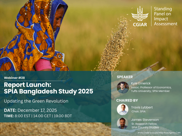 Image displaying a Bangladeshi woman harvesting grains and information about the webinar